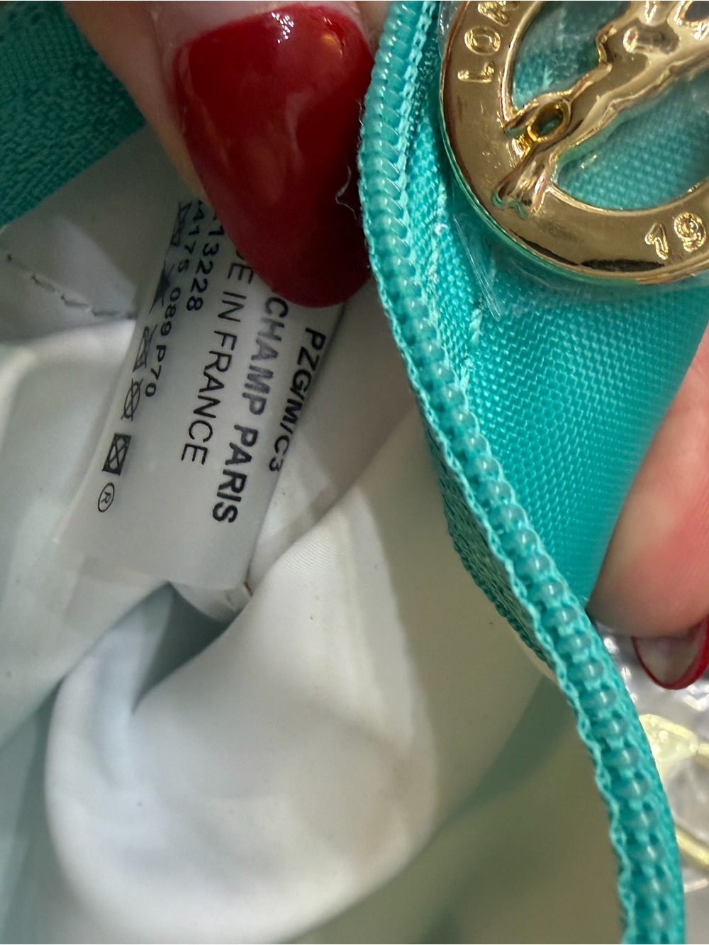 SMALL Longchamp Turquoise Nylon Tote with Brown Leather Trim - Picture 7 of 8